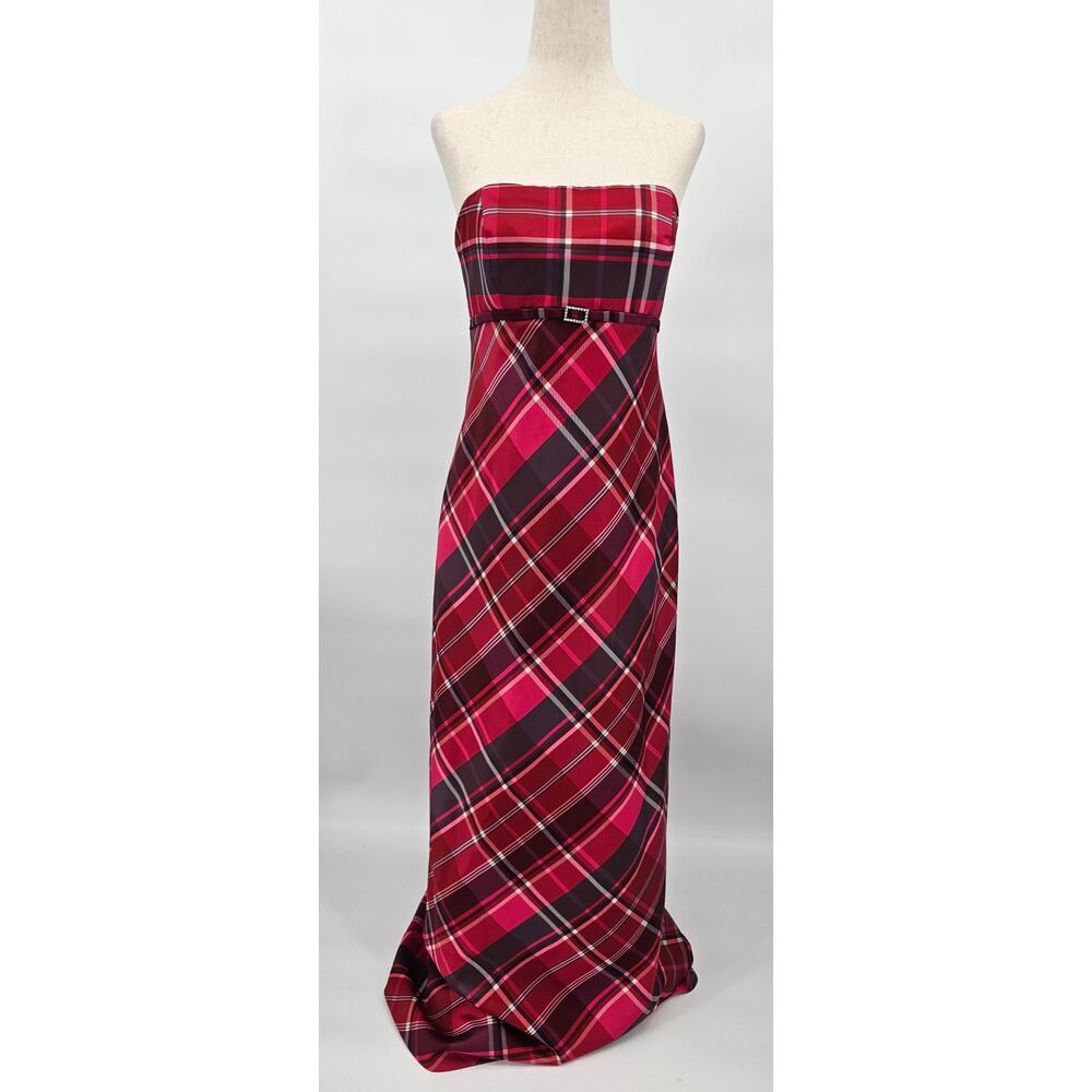 Dessy Creations Women's Size 8 Pink & Red Plaid Strapless Prom Dress